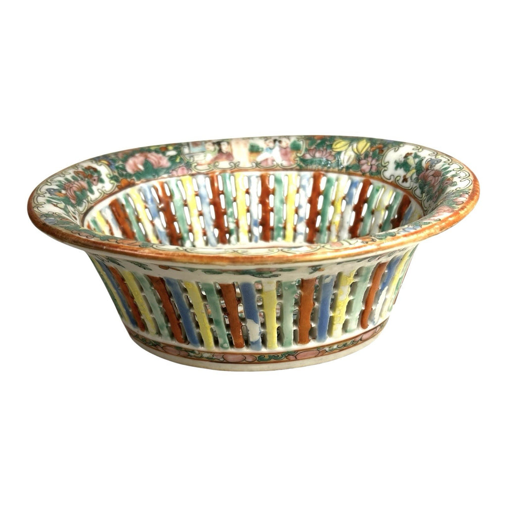 Antique Rose Medallion Chinese Reticulated Chestnut Bowl
