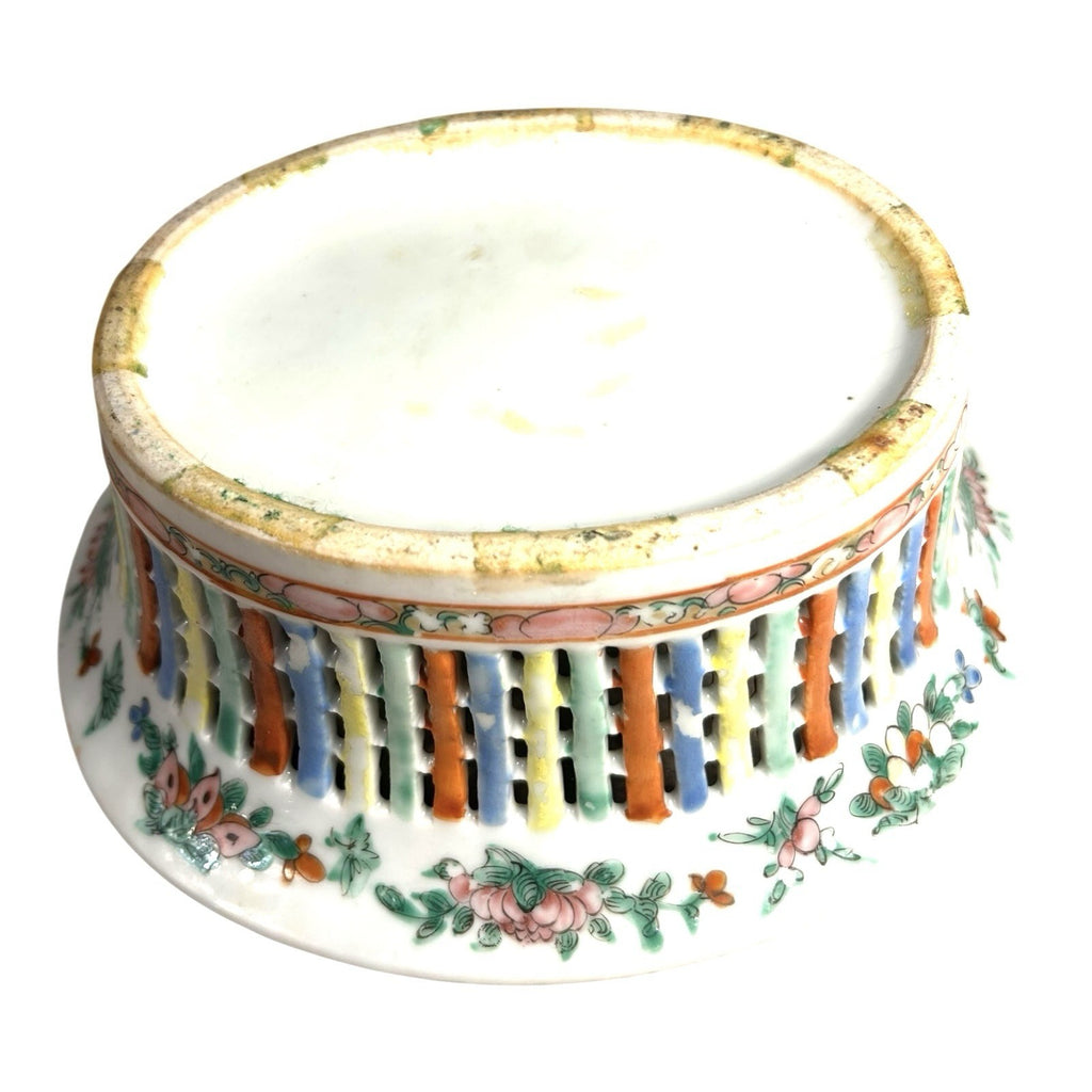 Antique Rose Medallion Chinese Reticulated Chestnut Bowl