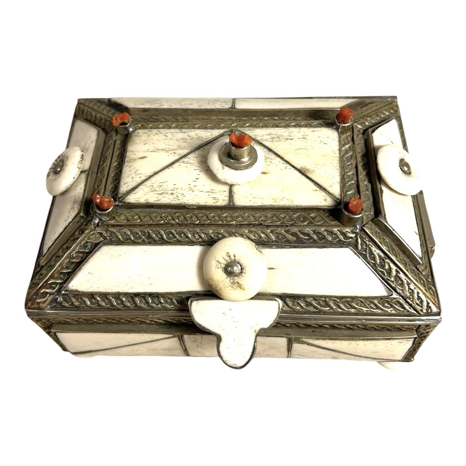 Vintage Moroccan Camel Bone Sandok Jewelry Trinket Box - Inlaid Metal Accents