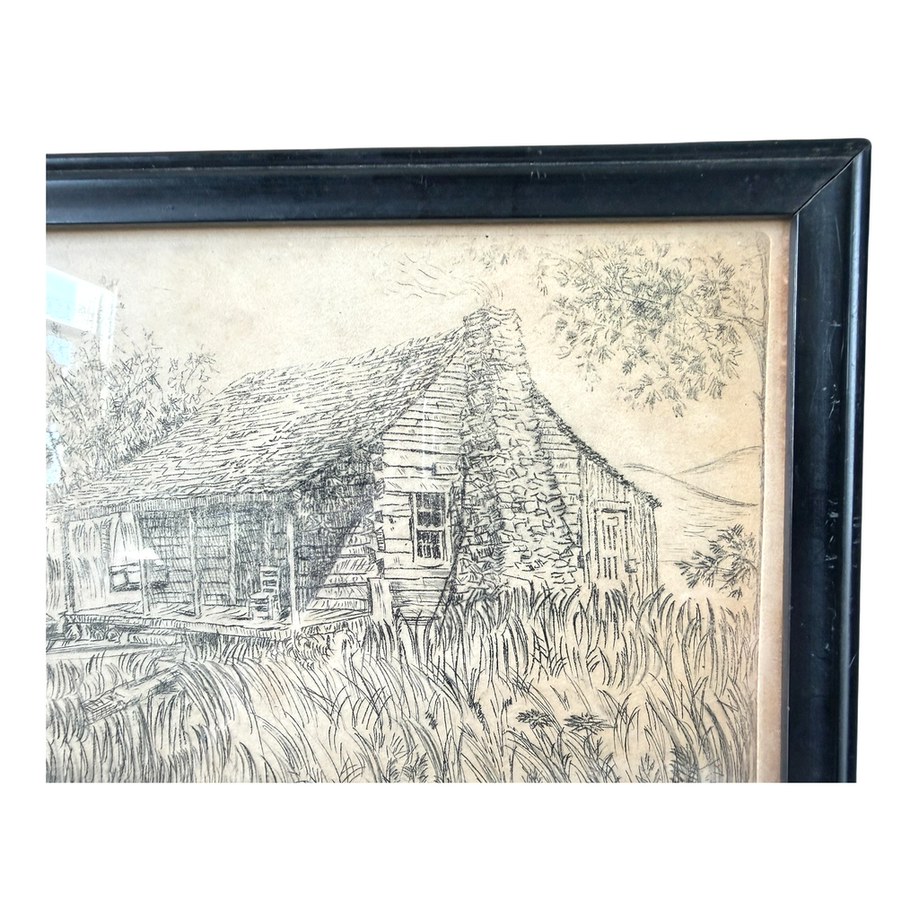 Vintage Great Smoky Mountains Cabin Etching Framed - Lenore Wray