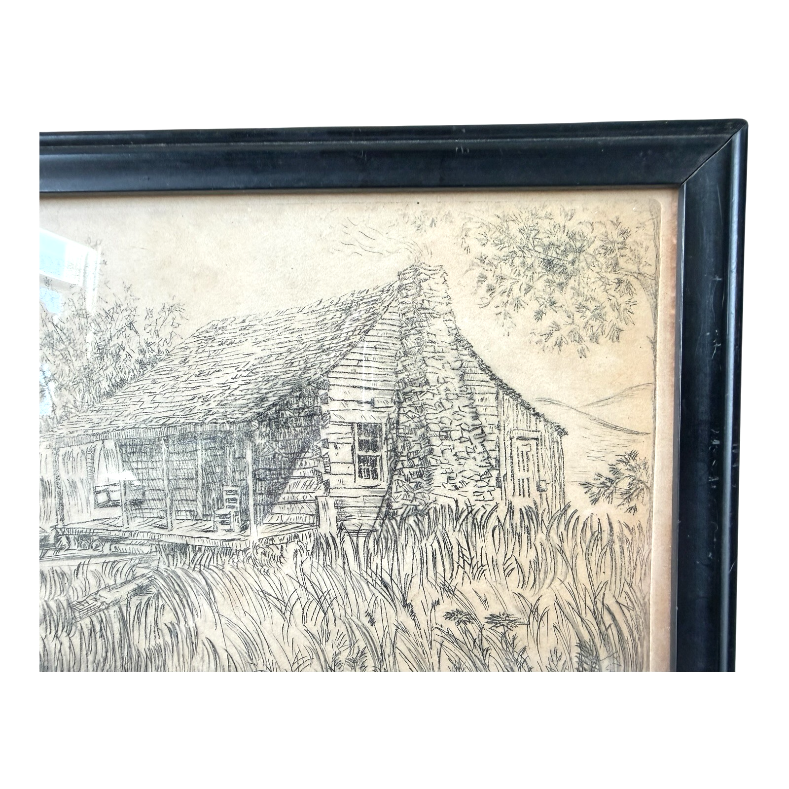 Vintage Great Smoky Mountains Cabin Etching Framed - Lenore Wray