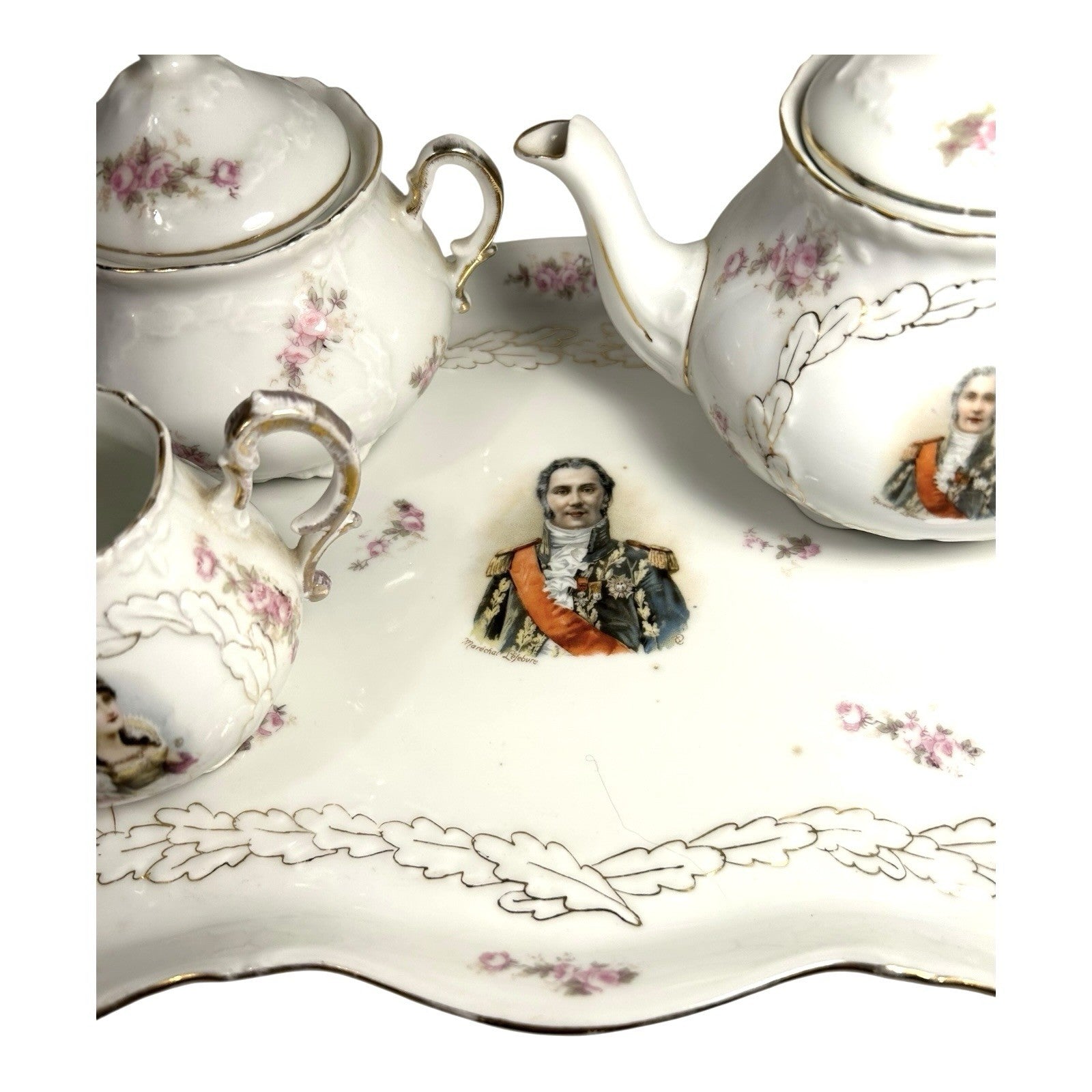 Antique PM Bavaria Napoleon & Marshal Francois Lefebure Complete Tea Set w/ Tray