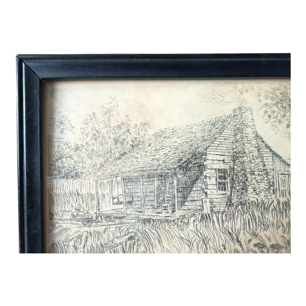Vintage Great Smoky Mountains Cabin Etching Framed - Lenore Wray