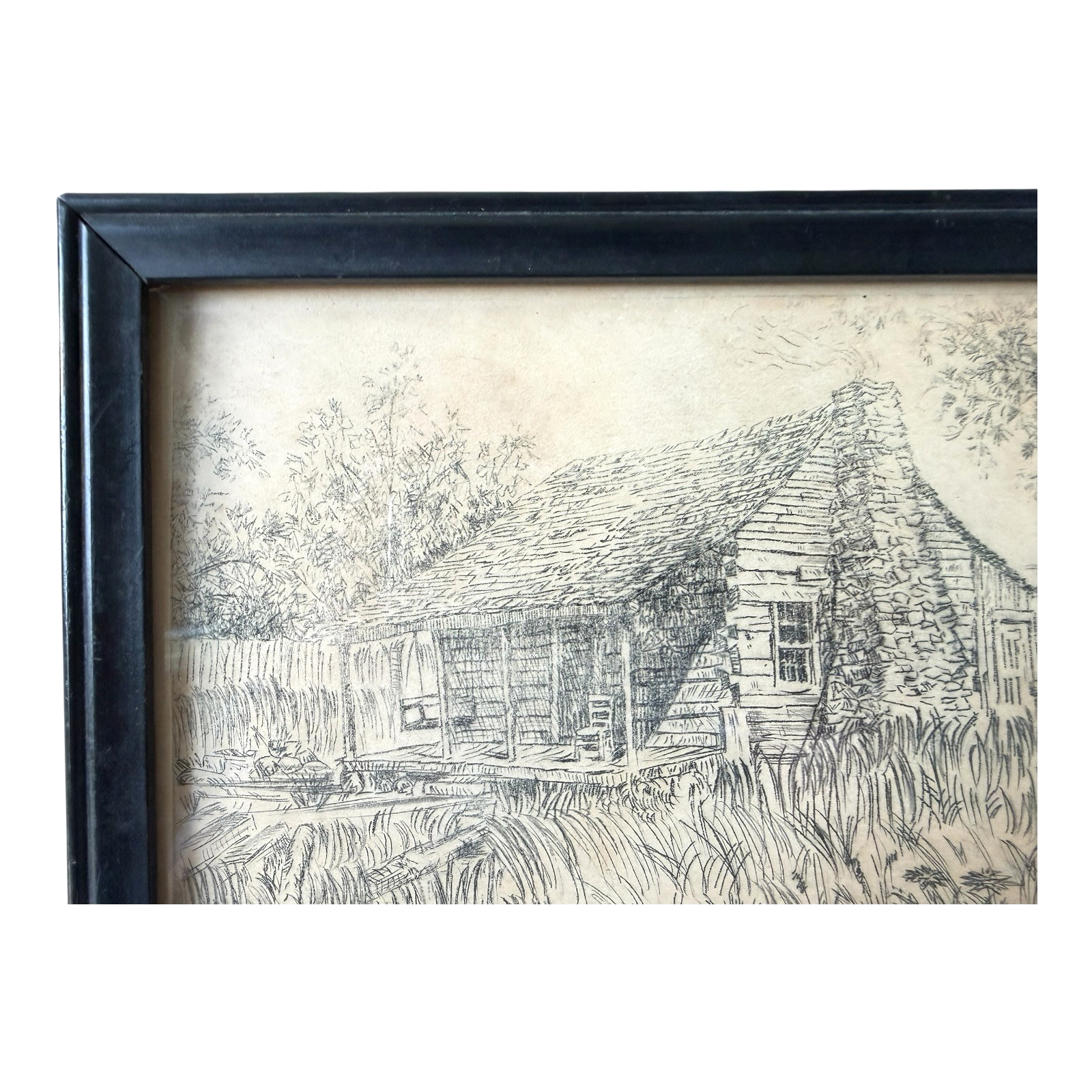 Vintage Great Smoky Mountains Cabin Etching Framed - Lenore Wray