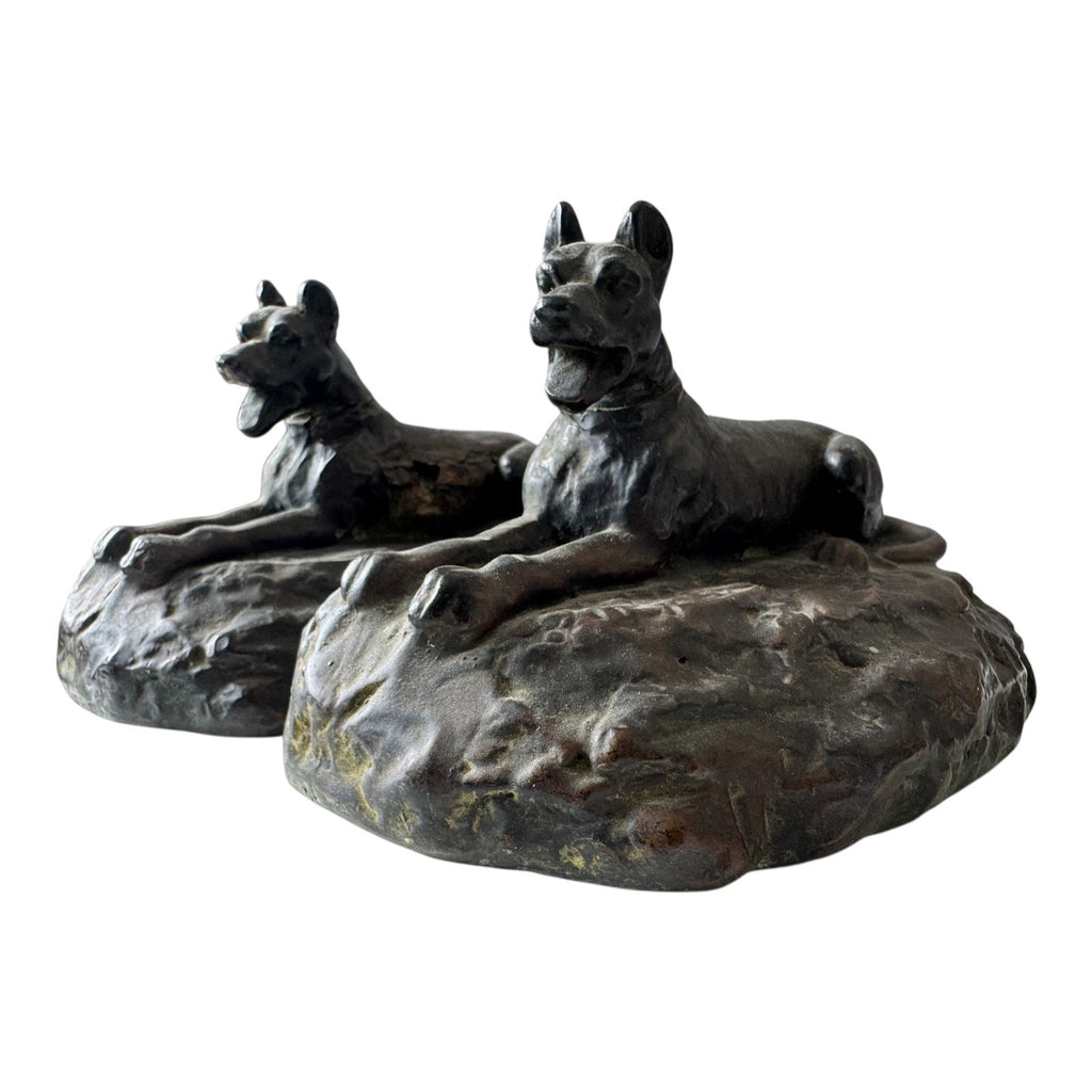 Antique Art Deco Bronze Clad Dog Bookends - German Shepherd Style Figural Pair