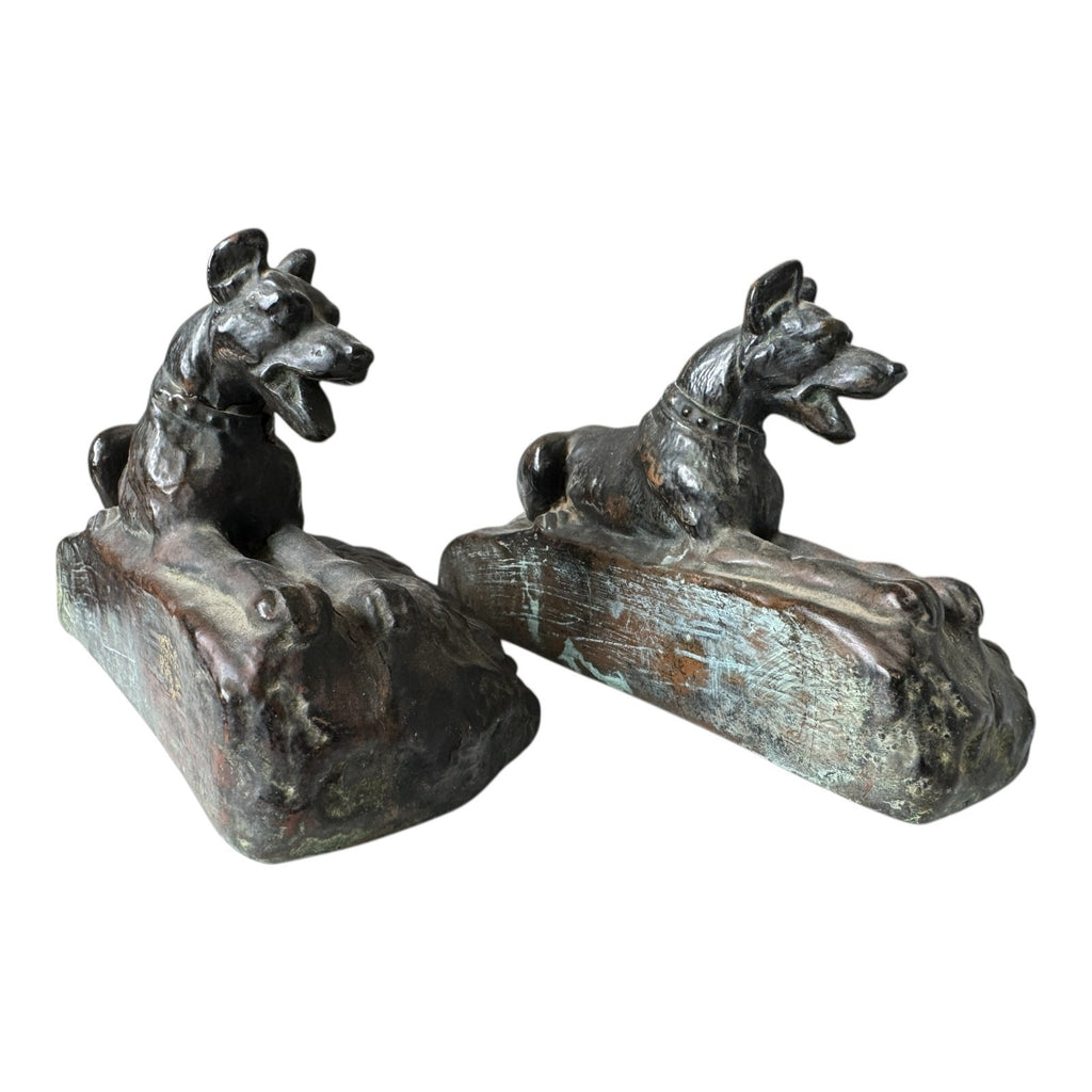 Antique Art Deco Bronze Clad Dog Bookends - German Shepherd Style Figural Pair