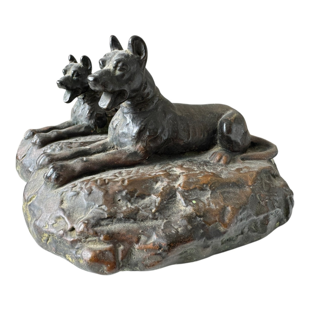Antique Art Deco Bronze Clad Dog Bookends - German Shepherd Style Figural Pair