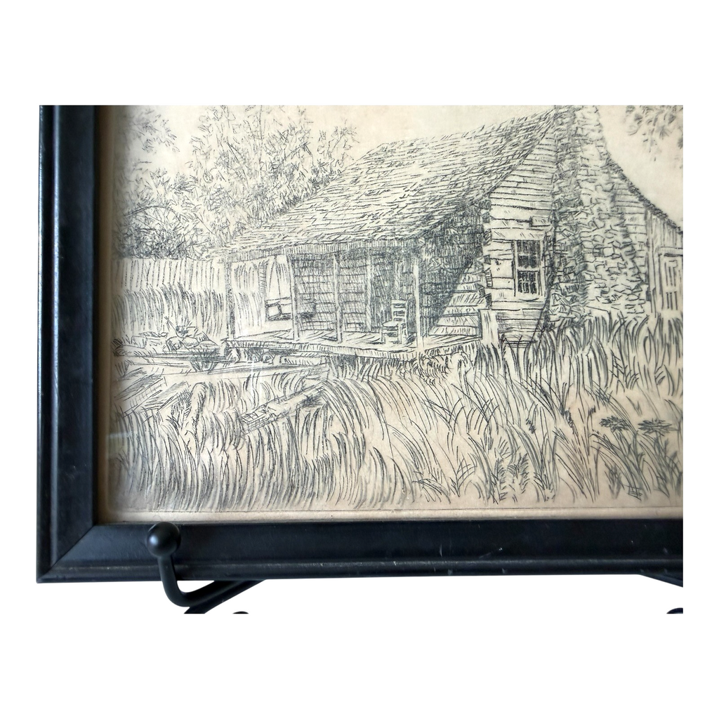 Vintage Great Smoky Mountains Cabin Etching Framed - Lenore Wray