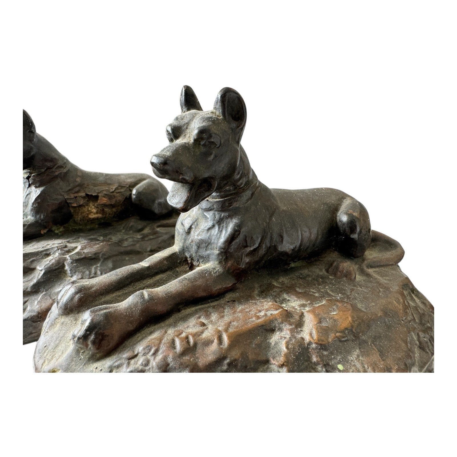 Antique Art Deco Bronze Clad Dog Bookends - German Shepherd Style Figural Pair