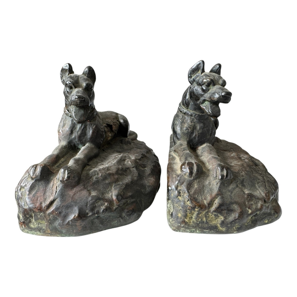 Antique Art Deco Bronze Clad Dog Bookends - German Shepherd Style Figural Pair