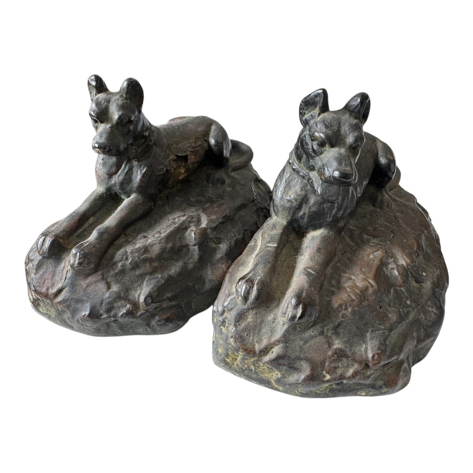 Antique Art Deco Bronze Clad Dog Bookends - German Shepherd Style Figural Pair