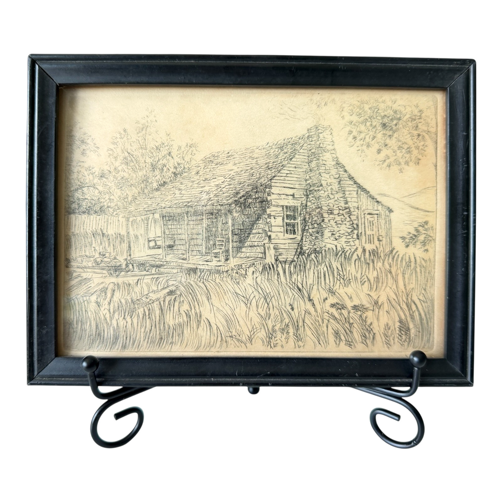 Vintage Great Smoky Mountains Cabin Etching Framed - Lenore Wray