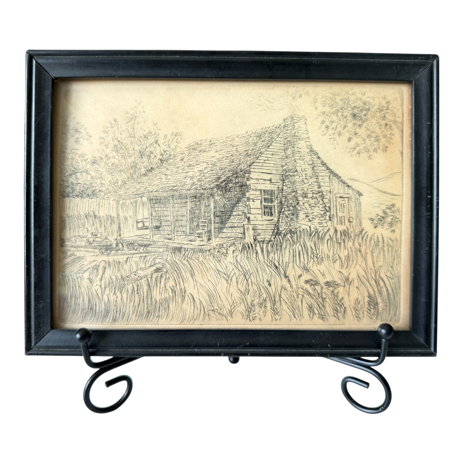 Vintage Great Smoky Mountains Cabin Etching Framed - Lenore Wray