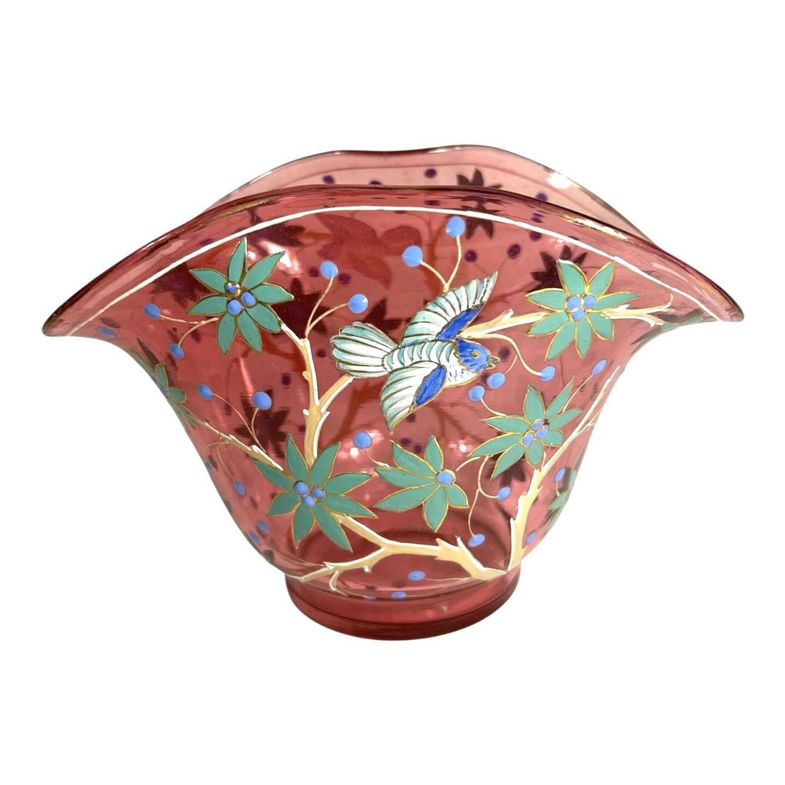 Antique Moser Hand Painted Floral with Birds Cranberry Glass Centerpiece Bowl