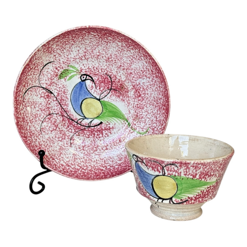 Antique Staffordshire Red Peafowl Spatterware Spongeware Miniature Cup & Saucer