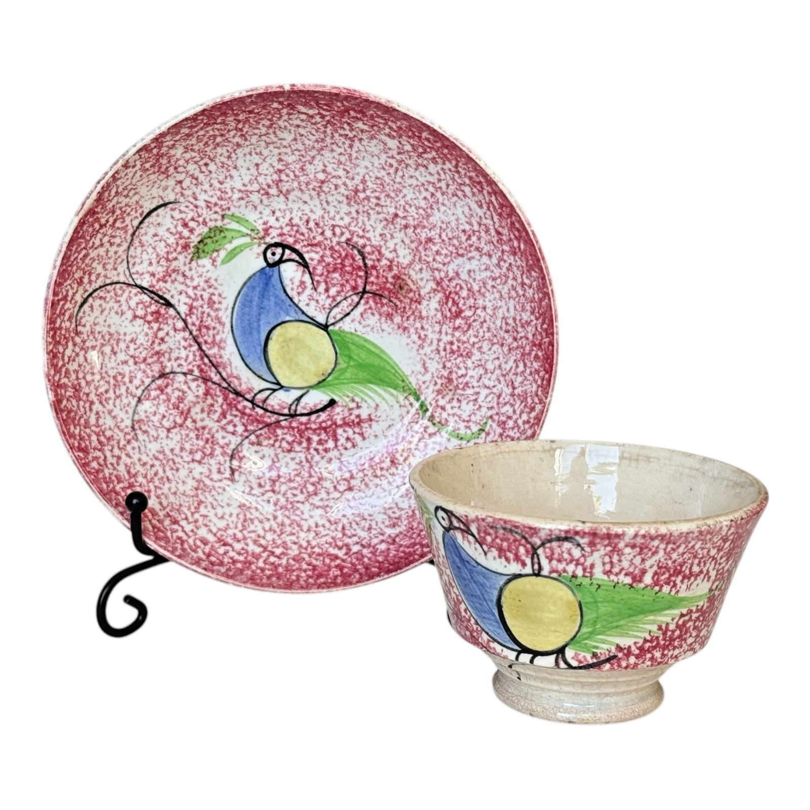 Antique Staffordshire Red Peafowl Spatterware Spongeware Miniature Cup & Saucer