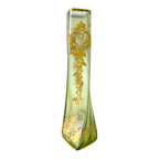 Antique Czech Bohemian Twisted Opalescent Glass Vase - Gold Gilt & Enameled