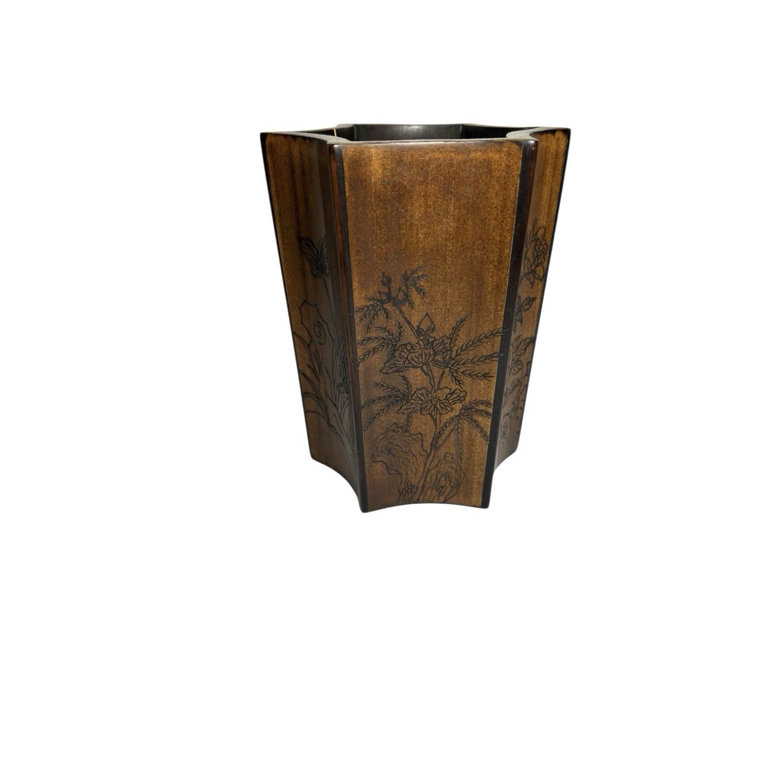 Vintage Chinese  Six Sided Carved Rosewood Brush Pot