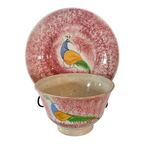 Antique Staffordshire Red Spatterware Spongeware Cup and Saucer - Peafowl Design