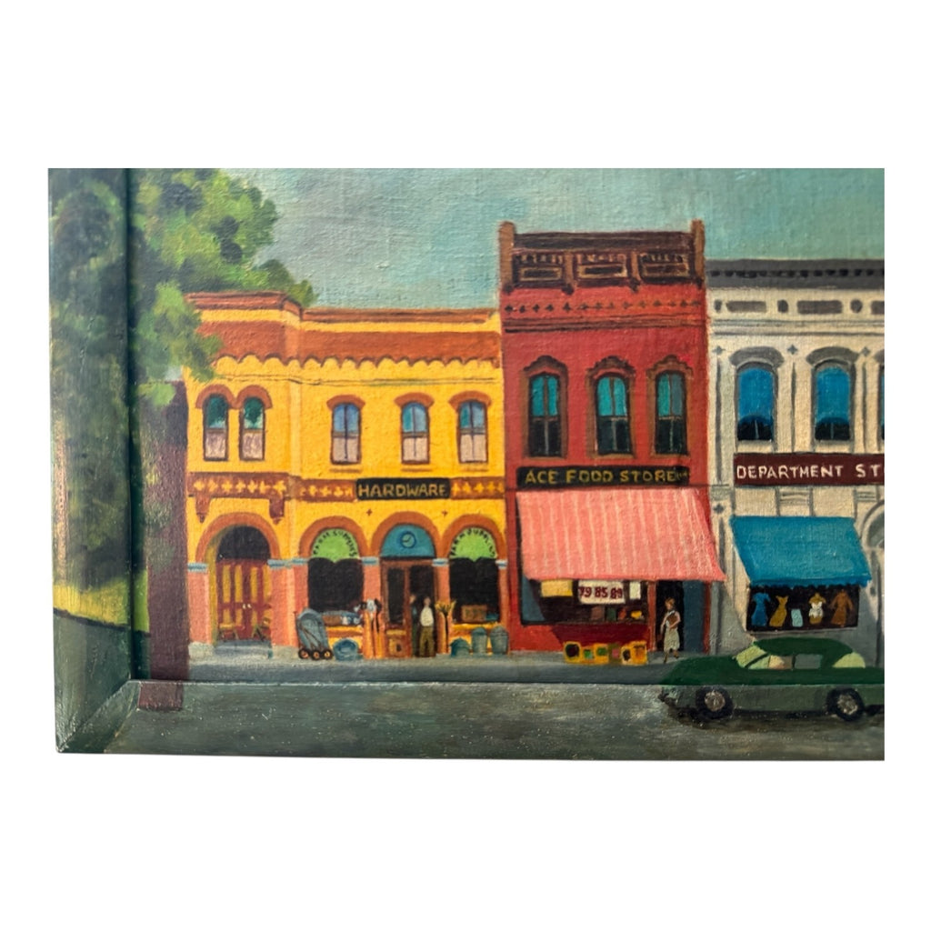 Antique Folk Art Downtown Street Scene Oil Painting on Board