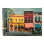 Antique Folk Art Downtown Street Scene Oil Painting on Board