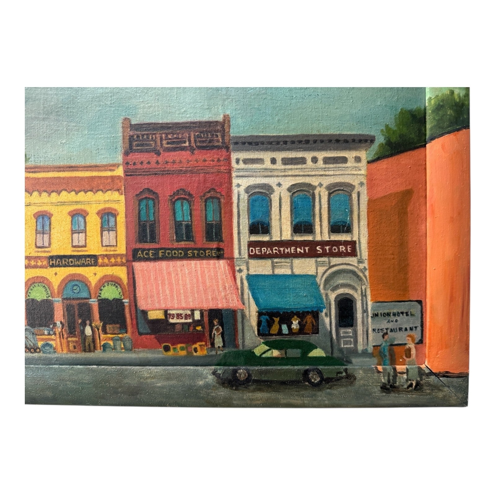 Antique Folk Art Downtown Street Scene Oil Painting on Board