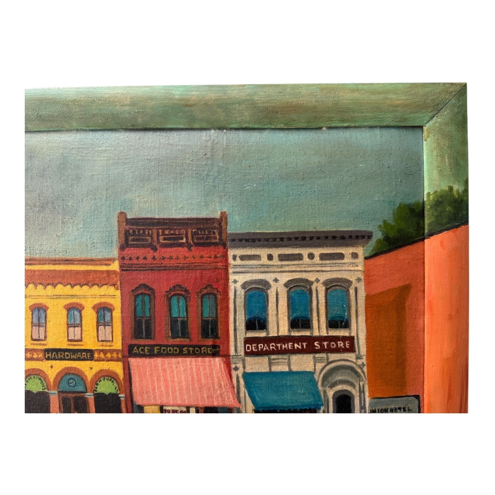 Antique Folk Art Downtown Street Scene Oil Painting on Board