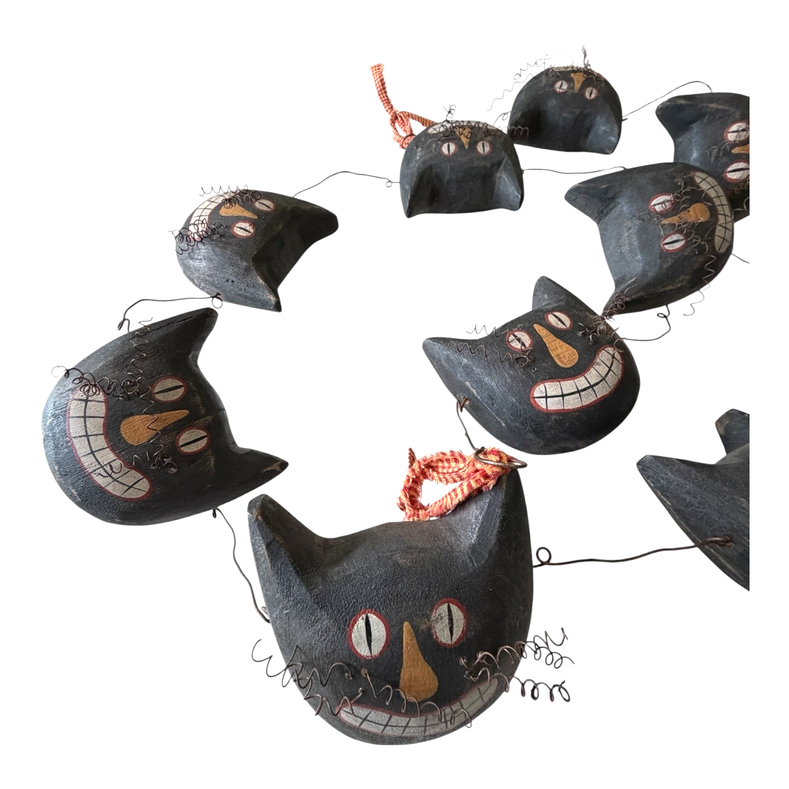 Vintage Primitive Folk Art Halloween Black Cat Face Garland - Hand Painted