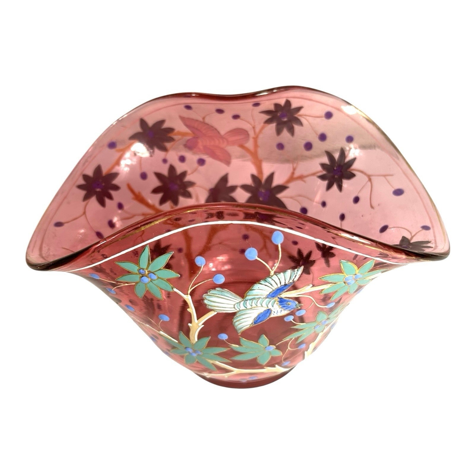 Antique Moser Hand Painted Floral with Birds Cranberry Glass Centerpiece Bowl