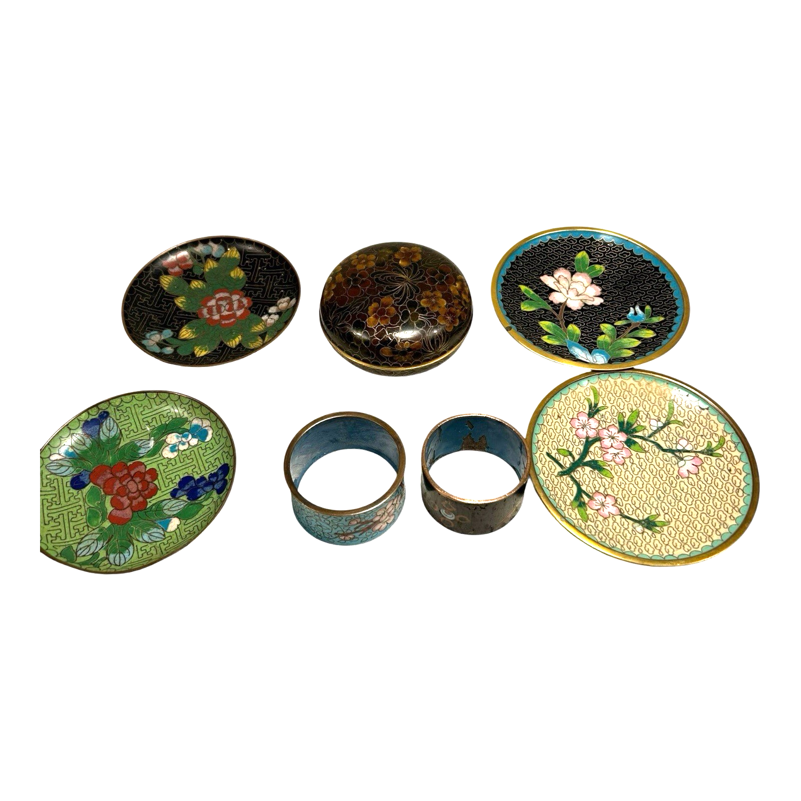 Vintage Lot of Chinese Cloisonne - 4 Coasters, 2 Napkin Rings, Dresser Box