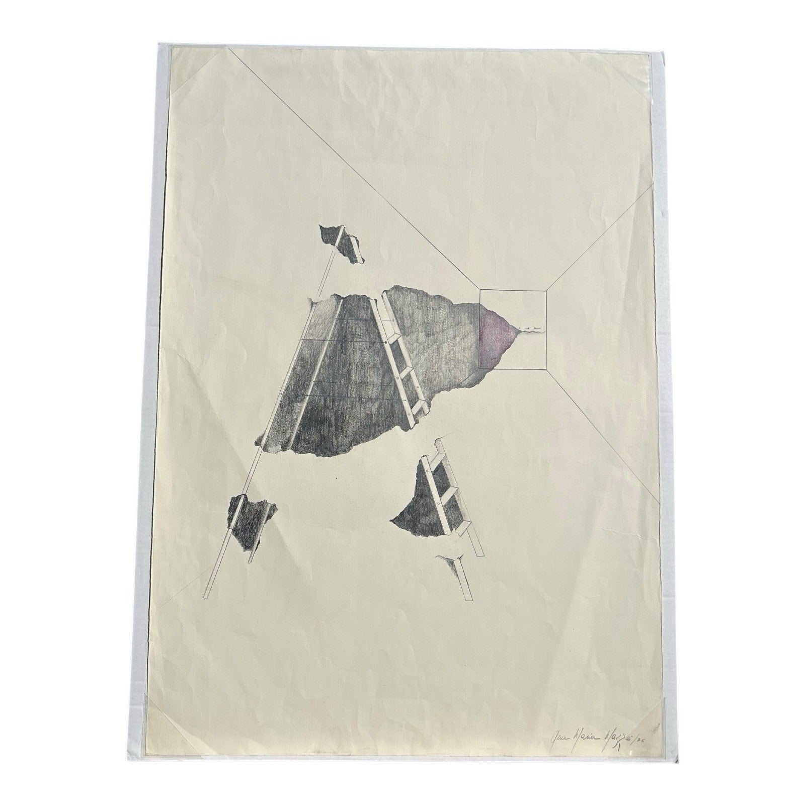 Vintage Original Graphite & Colored Pencil Drawing on Paper by Ana Maria Mazzei