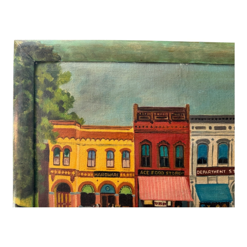 Antique Folk Art Downtown Street Scene Oil Painting on Board