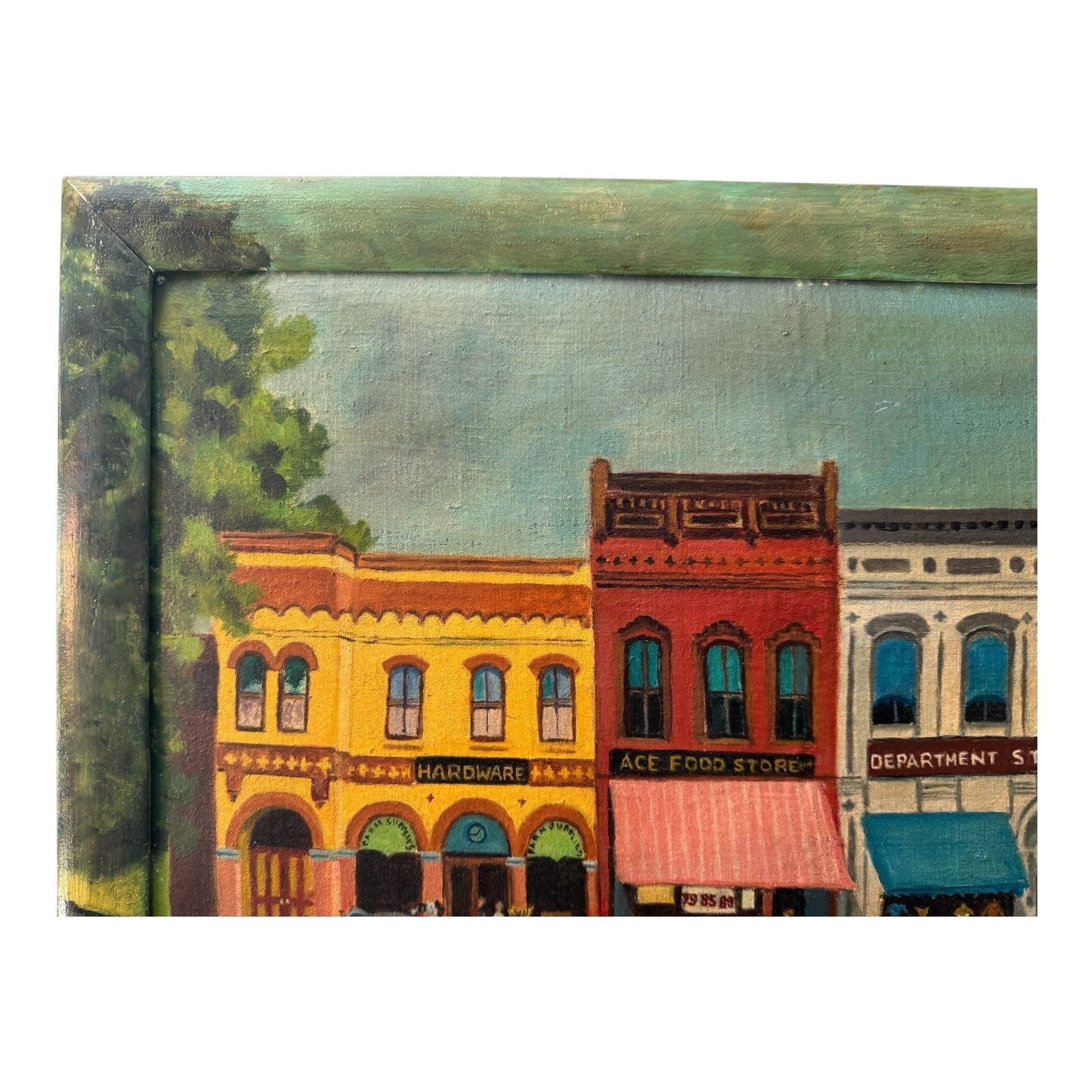 Antique Folk Art Downtown Street Scene Oil Painting on Board