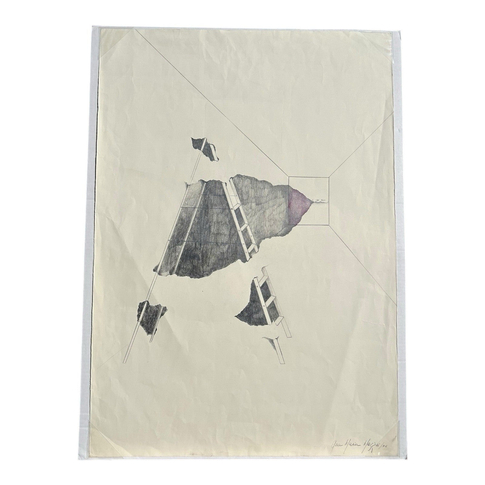 Vintage Original Graphite & Colored Pencil Drawing on Paper by Ana Maria Mazzei