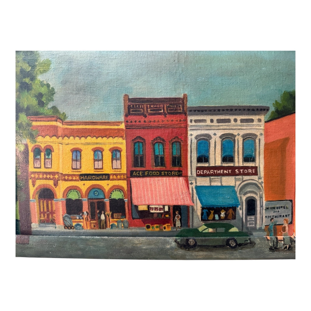Antique Folk Art Downtown Street Scene Oil Painting on Board