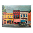 Antique Folk Art Downtown Street Scene Oil Painting on Board