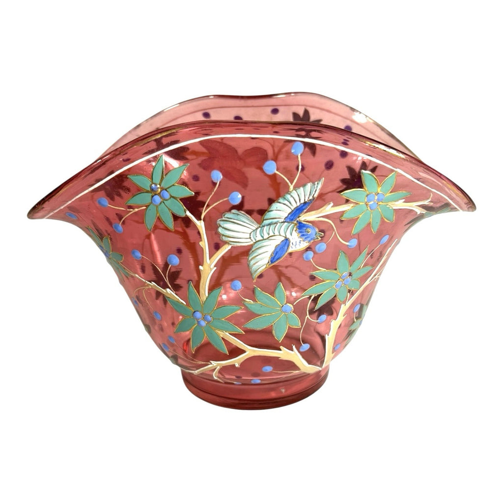 Antique Moser Hand Painted Floral with Birds Cranberry Glass Centerpiece Bowl