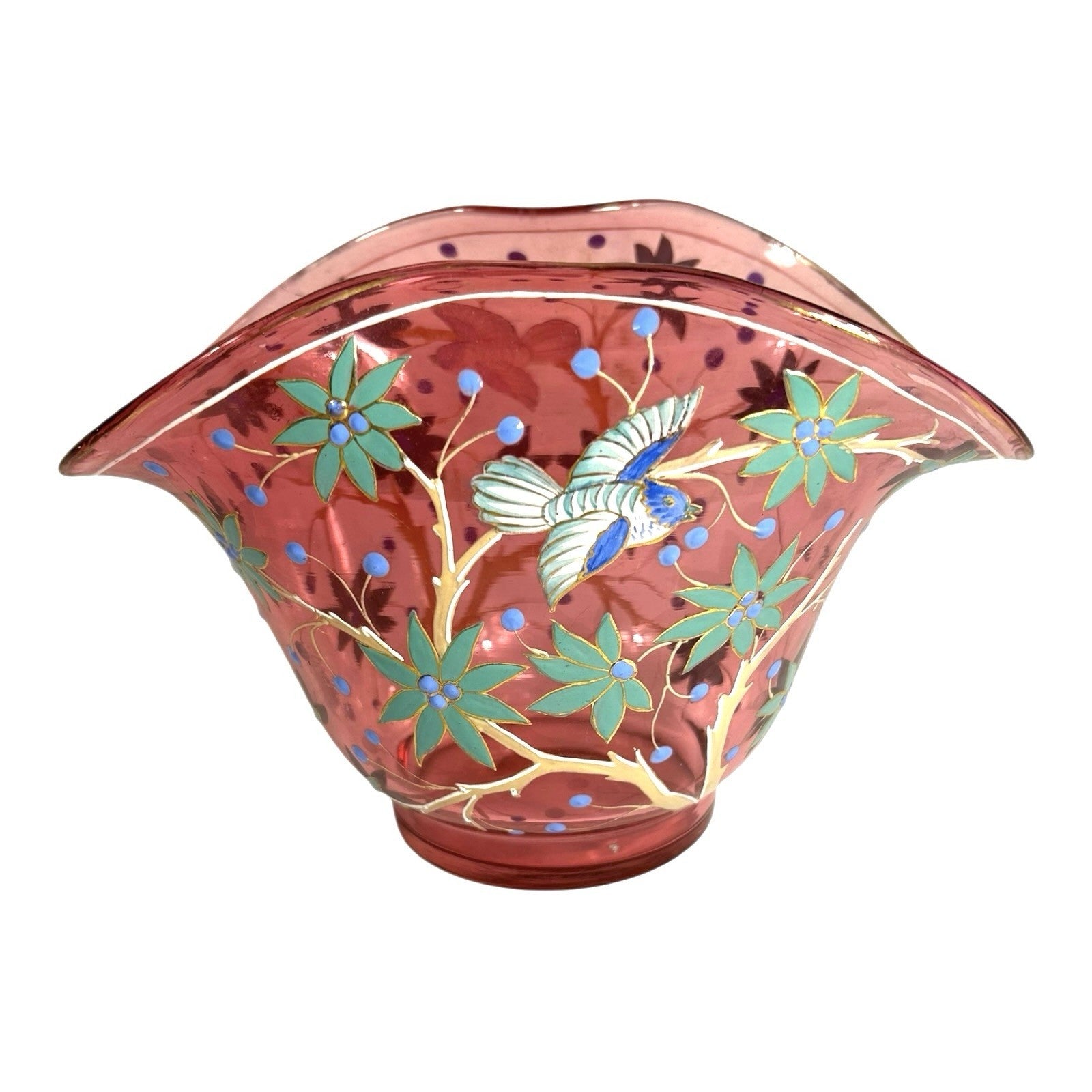 Antique Moser Hand Painted Floral with Birds Cranberry Glass Centerpiece Bowl