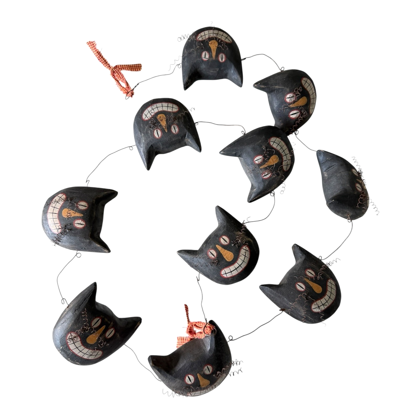 Vintage Primitive Folk Art Halloween Black Cat Face Garland - Hand Painted