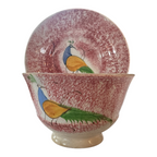 Antique Staffordshire Red Spatterware Spongeware Cup and Saucer - Peafowl Design