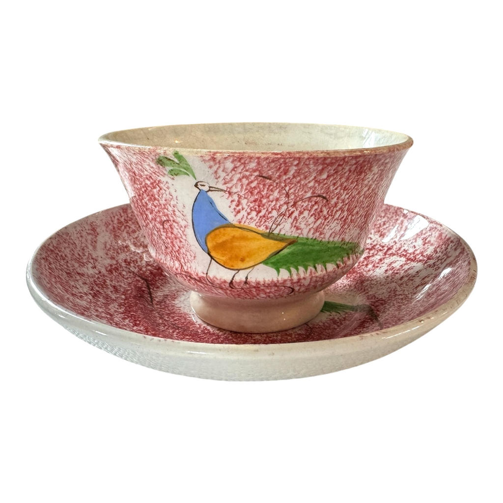 Antique Staffordshire Red Spatterware Spongeware Cup and Saucer - Peafowl Design