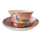 Antique Staffordshire Red Spatterware Spongeware Cup and Saucer - Peafowl Design