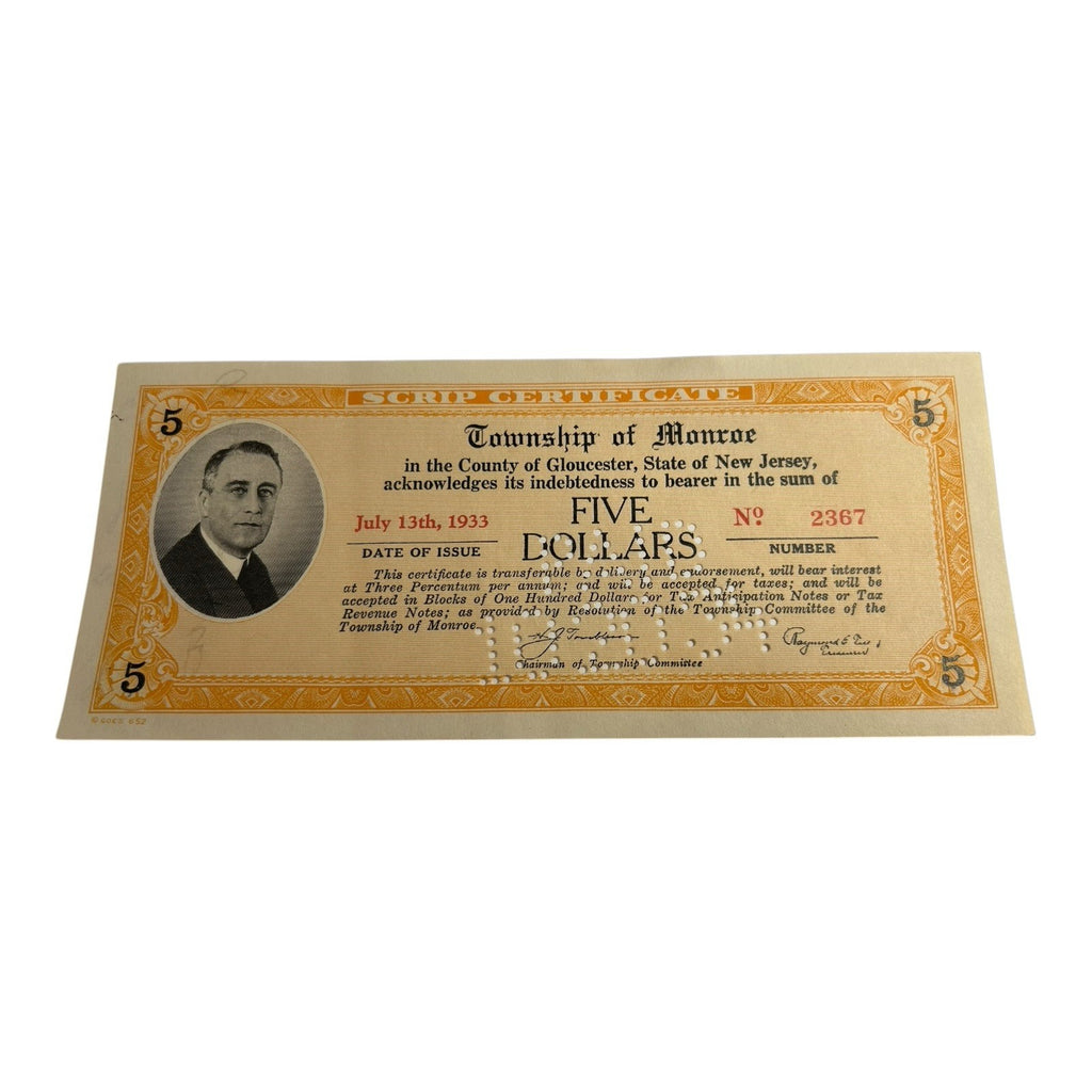 Antique County of Gloucester Township of Monroe 5 Dollar Depression Scrip 1933