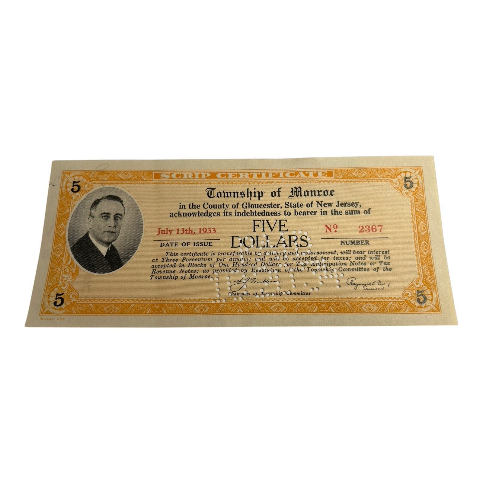 Antique County of Gloucester Township of Monroe 5 Dollar Depression Scrip 1933