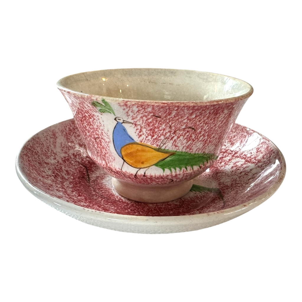 Antique Staffordshire Red Spatterware Spongeware Cup and Saucer - Peafowl Design