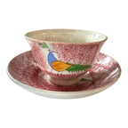 Antique Staffordshire Red Spatterware Spongeware Cup and Saucer - Peafowl Design