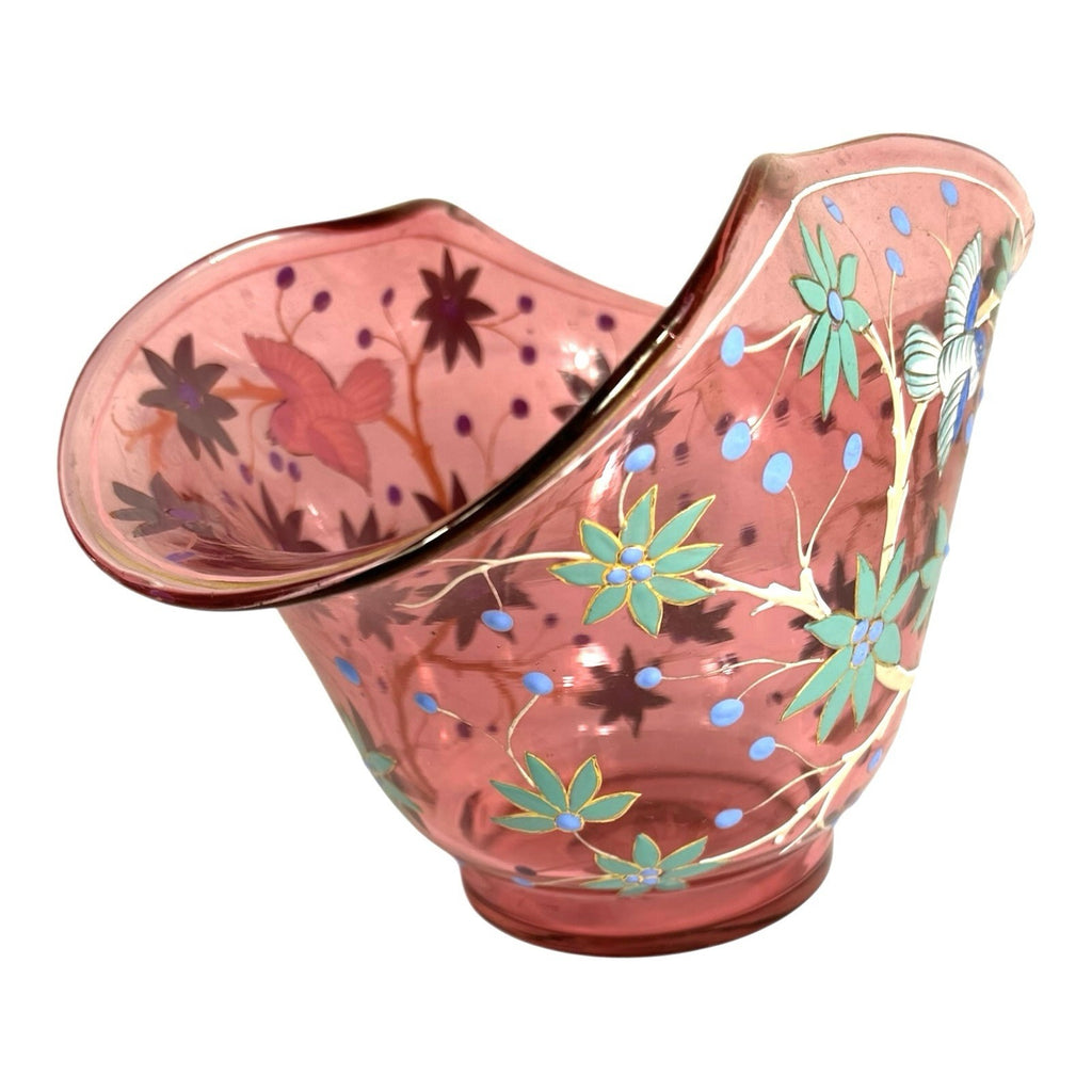 Antique Moser Hand Painted Floral with Birds Cranberry Glass Centerpiece Bowl