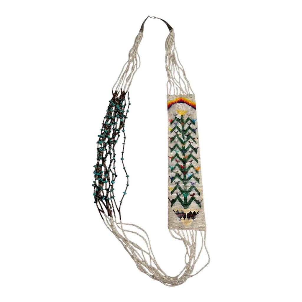 Vintage Native American Beaded Necklace - Turquoise Beads & Sterling Silver Tips
