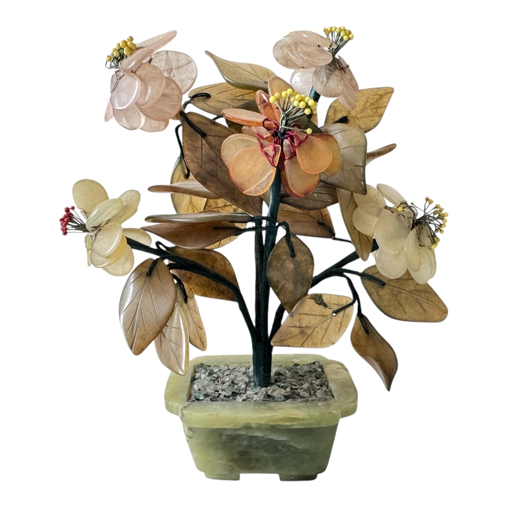 Vintage Chinese Carved Jade and Agate Bonsai Flower Tree Sculpture