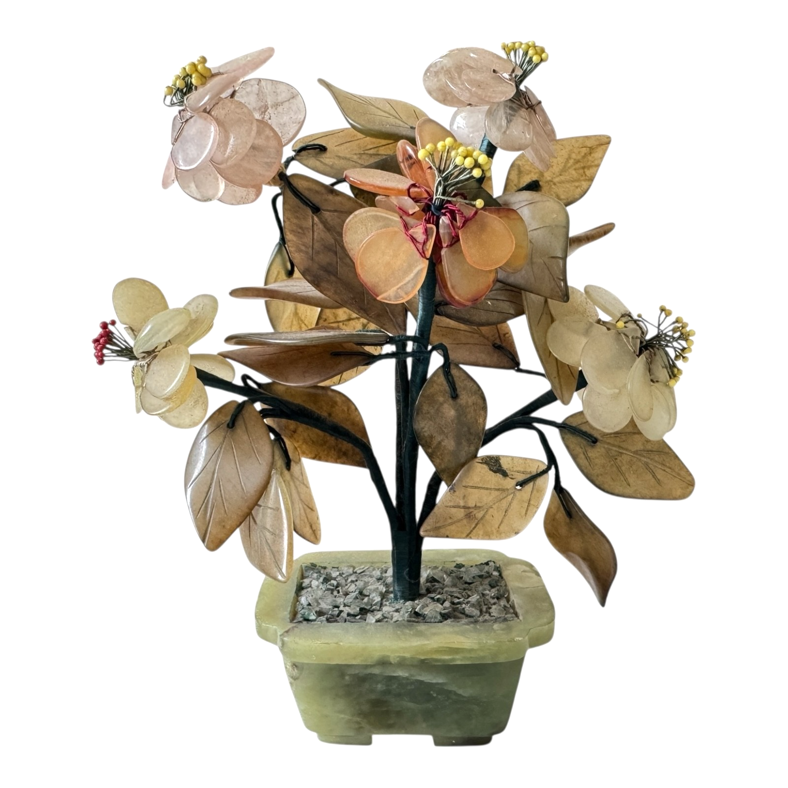 Vintage Chinese Carved Jade and Agate Bonsai Flower Tree Sculpture